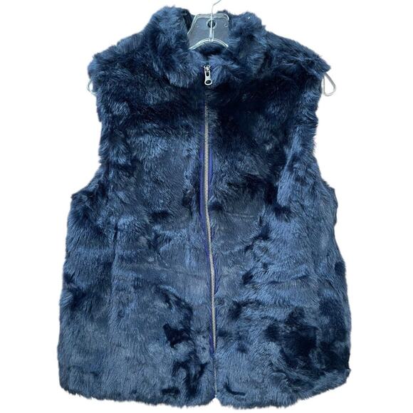 J Crew Faux Fur Vest Womens M Full Zip Navy Blue Pockets Satin Lining Mob Wife - Picture 1 of 10
